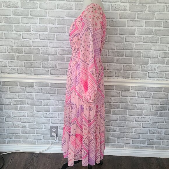 Miss Selfridge Chiffon Shirred Waist Midi Dress Pink Patchwork Cottage Feminine - Picture 4 of 9